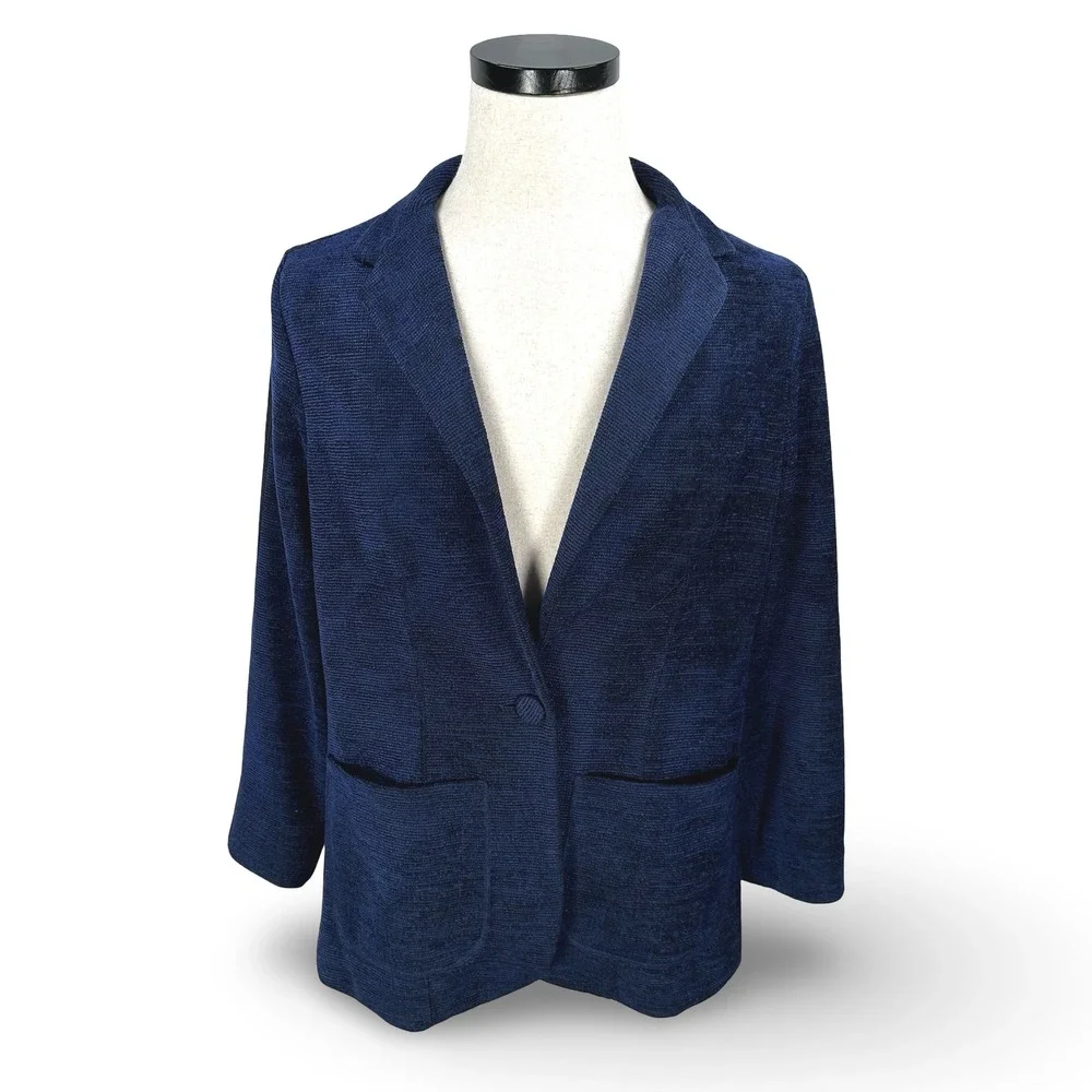 Drew Navy Blue‎ Textured Knit Blazer Jacket Side Stripe Womens Large Made in USA